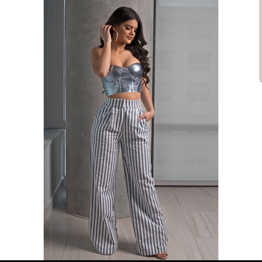 Blue White stripe high waist wideleg trousers L - Picture 3 of 7